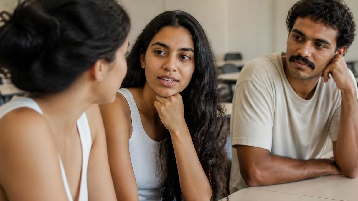 Duas pessoas frente a frente na mesa: uma sustenta a fala, a outra anota o que ouviu