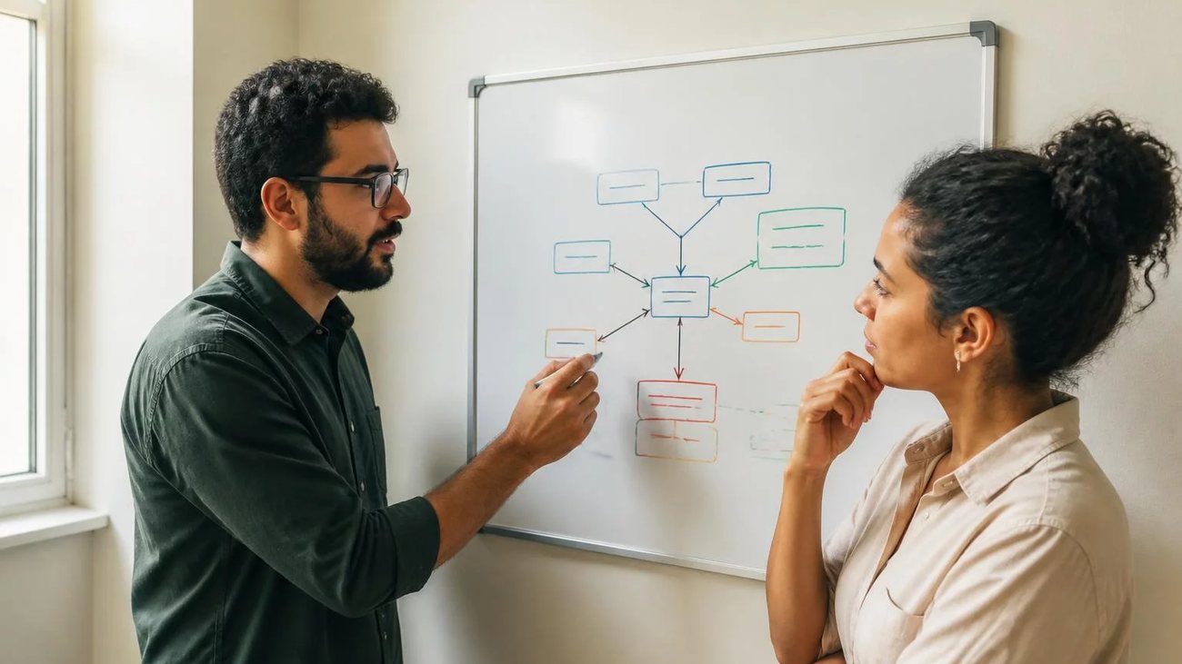 Duas participantes de pé diante do quadro branco, montando um argumento a caneta