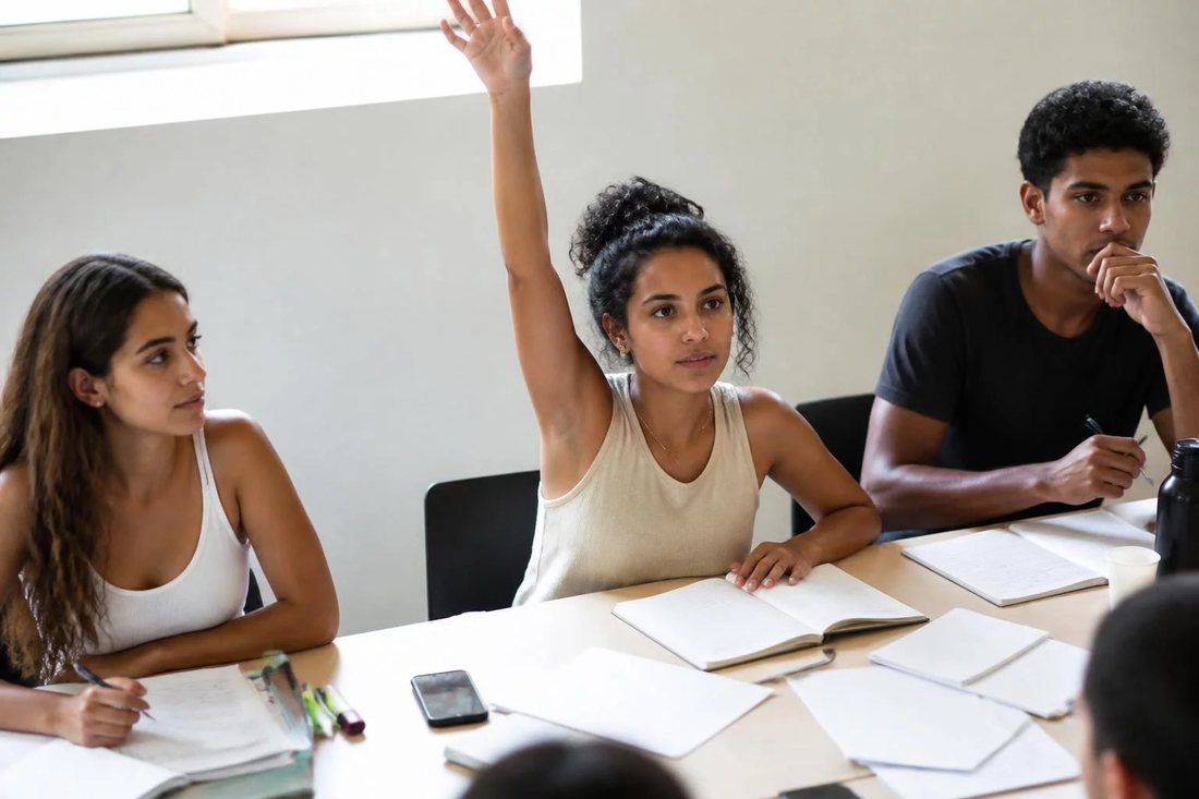 Facilitador em pé apontando para um argumento escrito no quadro durante a sessão